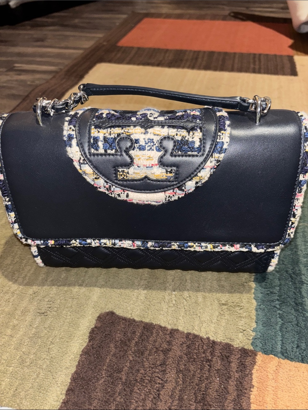 Tory Burch Fleming Navy Tweed-Trim Shoulder Bag